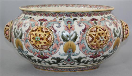 A Zsolnay Pecs pottery Persian inspired oval jardiniere, late 19th century, 29cm, slight restorations